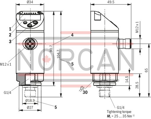 technical illustration-R901433087-Electronic pressure switch with display, 2 switching outputs, pressure range 0 &hellip; 250 bar, connector 4-pole M12x1 A-coded, throttle element