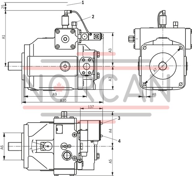 technical illustration-R901375787-A SYHDFEn-1X control system is used for the electro-hydraulic control of swivel angle, pressure and power (partially optional, see ordering code) of an axial piston variable displacement pump.<br>
The control system consists of the following components: A4VSO axial piston variable displacement pump optimized for the operation in the control system VT-DFPn-2X or VT-DFPFD-1X proportional valve as pilot valve with integrated electronics including inductive position transducer for valve position sensing. Position transducer for sensing the swivel angle Pressure transducer with suitable signal level and dynamics (optionally HM 20, separate order)