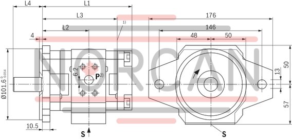 technical illustration-R900932141-Fixed displacement Low operating noise Low flow pulsation High efficiency also at low speed and viscosity due to sealing gap compensation Suitable for broad viscosity and speed ranges All frame sizes and sizes can be arbitrarily combined Can be combined with internal gear pumps, radial piston pumps and external gear pumps
