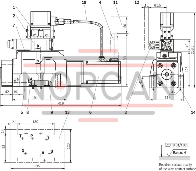 technical illustration-R900975158-Pilot-operated high-response directional valve, 2-stage, with electrical position feedback of the main control spool and integrated electronics (OBE) It is suitable for the position, pressure, force and velocity control when there are simultaneously high requirements on the dynamics in the small signal range and the response sensitivity Pilot control valve: single-stage servo valve according to nozzle/flapper plate principle Position sensing of the main control spool by means of an inductive position transducer High response sensitivity and low hysteresis Replaceable filter element Integrated control electronics, external zero point correction possible For subplate mounting: Porting pattern according to DIN 24340 form A and ISO 4401