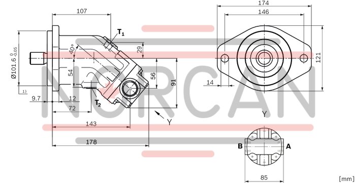 technical illustration-R902202055-Large variety of available nominal sizes allows exact adjustment to the application High power density Very high total efficiency High starting efficiency Working ports SAE flange or thread Optional with integrated pressure relief valve Optional with mounted addifitonal valve: counterbalance valve (BVD/BVE), flushing and boost-pressure valve Bent-axis design