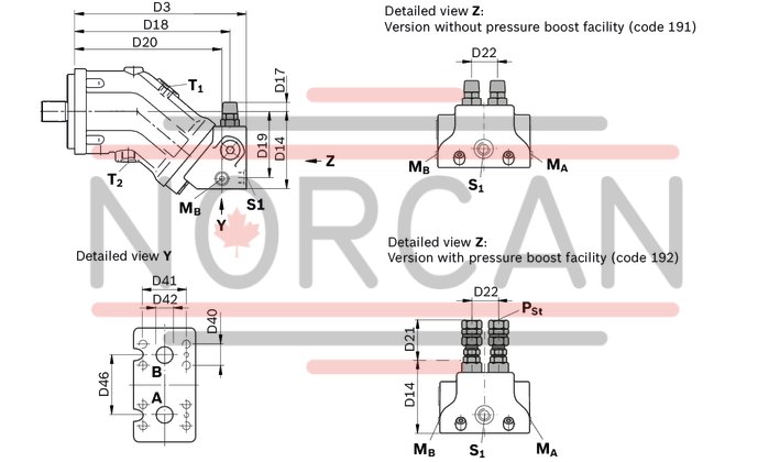 technical illustration-R902202055-Large variety of available nominal sizes allows exact adjustment to the application High power density Very high total efficiency High starting efficiency Working ports SAE flange or thread Optional with integrated pressure relief valve Optional with mounted addifitonal valve: counterbalance valve (BVD/BVE), flushing and boost-pressure valve Bent-axis design