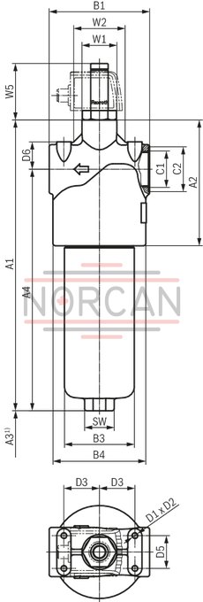 technical illustration-R928044064-Filters for inline installation Special highly efficient filter media Filtration of very fine particles and high dirt holding capacity across a broad pressure differential range High collapse resistance of the filter elements Standard version equipped with mechanical/visual maintenance indicator with memory function Optional equipment with various electrical switching elements, modular design Optional bypass valve integrated in the filter housing Size 1000 with 2 piece filter bowl High filtration performance due to the tangential cyclone-effect flow path Optional measuring port
