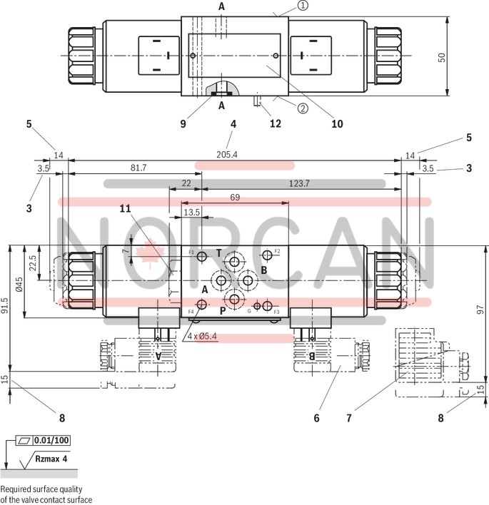 technical illustration-R900945999-Direct-controlled directional slide valve with solenoid actuation Sandwich plate valve As stop straight-through valve or stop straight-through short circuit valve Porting pattern according to DIN&nbsp;24340 form&nbsp;A (without locating hole), (standard) Porting pattern according to ISO&nbsp;4401-03-02-0-05 (with locating hole) Wet-pin AC or DC solenoids Manual override, optional